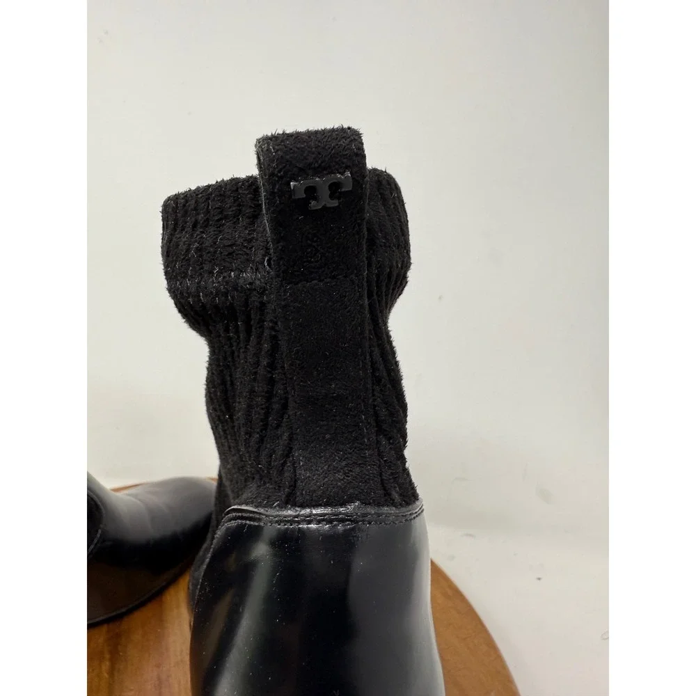 Tory Burch Rowan Black Leather Sock Booties Block Heel Ankle Boots Womens‎ 7.5M